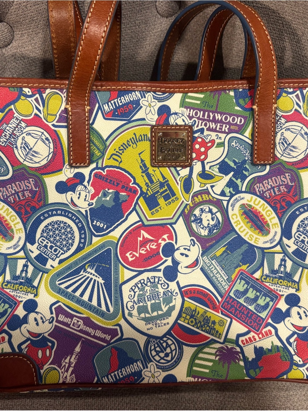 Dooney & Bourke Disneyland Park Icons Multicolor Tote with Brown Leather